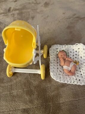 Yellow Polka Dot Toy Baby Carriage with Mini Baby Figurine